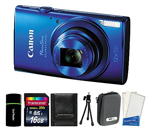 Canon PowerShot ELPH 170 IS 20.0MP Digital Camera (Blue) + 16GB Card + Reader + Case + Accessory Bundle