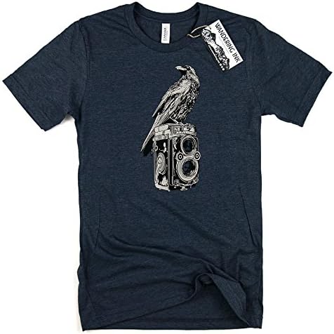 Men's Crow and Rolleiflex Wandering Ink Super Soft Hand Printed Tee Shirt (Small, Heather Navy)