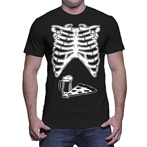 Mens Skeleton With Pizza And Beer - Halloween T-shirt