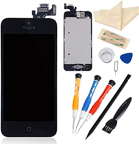 HAHO Black LCD Touch Screen Digitizer Assembly with Small Parts (Home Button &amp; Camera &amp; Flex Cable Sensor) + Free Repair Tools Kits for Iphone 5