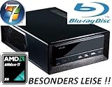 HTPCAmdBluray-841 w7  	AMD Athlon X4 640 4x 3,0GHz  	4GB So-DDR3 (2x 2GB)  	ASUS M4A88T-I Deluxe (1 x PS/2, 1 x DVI, 1 x HDMI, 1 x eSATA, 1 x RJ45, 6 Channel Audio I/O, WLAN, 1 x Optical S/PDIF, 1 x Coaxial S/PDIF, Bluetooth, 2 x USB3.0, 4 x USB2.0)  	500GB 2,5″ Sata2  	Bluray-Slim-Combo (BR-Lesen/DVD-Brennen)  	Mini-HTPC-Gehäuse in Schwarz mit Hochglanz-Front und Front-USB/eSata/Audio (96mm (H) x 222mm (T) x 328mm (B)) DER SUPERLEISE BLURAY-WOHNZIMMER-PC MIT WINDOWS7 HOME-PREMIUM 64BIT