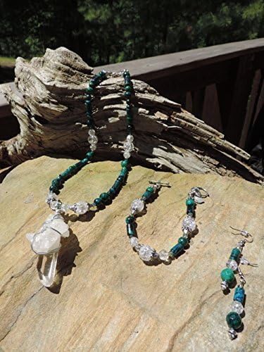 Crystal Quartz Wired Pendant W/ Assorted Green Azurite, Cracked Quartz, Crystals & Pewter - Necklace, Bracelet & Earrings