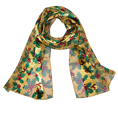 CTM Women's Long Satin Christmas Holiday Holly Leaves Scarf