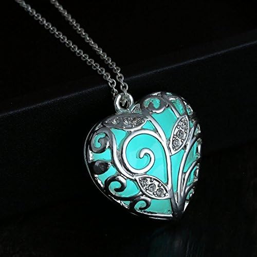 Glowing Blue Fashion Silver Heart Love Glow in the Dark Women Necklace Pendant