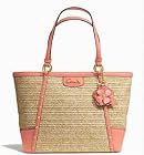 Coach Alexandra Chain Straw Tote 21959 Silver/Natural/Coral