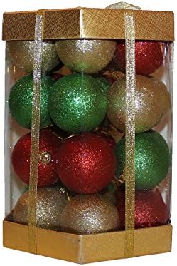 28 Count Glitter Christmas Ball Ornaments Boxed Set (Red / Green / Gold Glitter Mix)