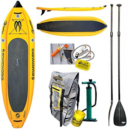 2016 Boardworks Badfish MCIT 10-6 (10' 6") Yellow Inflatable Stand-Up Paddle Board Bundle (5 Items) Includes: Adjustable SUP Paddle + WindBone Kitesurf Lifestyle Decals + WBK Koozie + WBK Key Chain