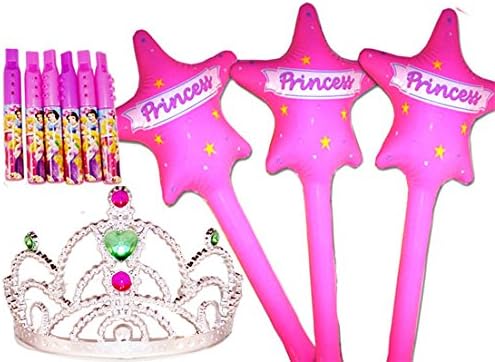 Princess Party Favor Pack - 24 Piece (8 Tiaras, 8 Princess Inflatable Wands , 8 Disney Mini Flutophones