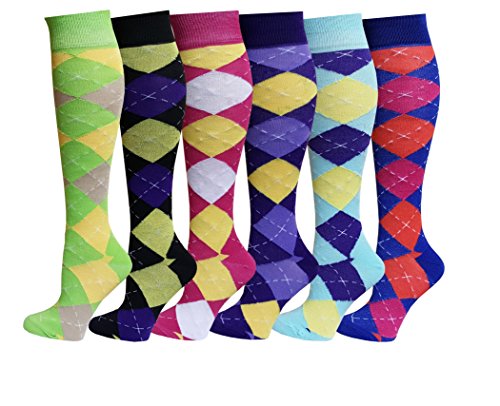 6 Pairs Women's Fancy Design Multi Colorful Patterned Knee High Socks (Argyle),Size: 9-11