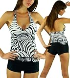 ToBeInStyle Modest Two Piece Tankini Swimsuit Set Halter Style Padded Top And Boyshort Bottom w/ Belt - Swirly Zebra Animal Print - Small
