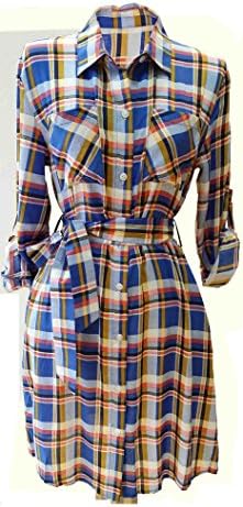 Orange Caramel Womens Long Sleeve Waist-Tie Plaid Dress Small Blue