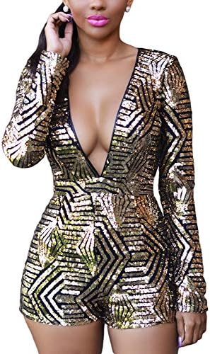 Rekais V-neck Gold Sequin Romper (black gold)