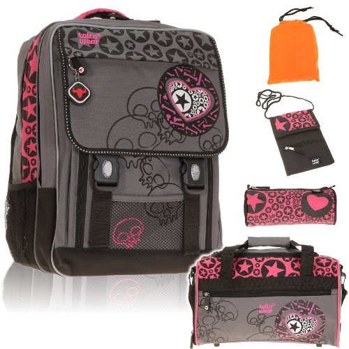 TOITO WEAR Schulrucksack STAR SKULL EMO 5 Teile Set : Schulranzen + Sporttasche + M�ppchen + Geldb�rse + Regenschutz ROSA GRAU PINK