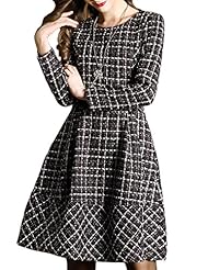 Round Neck Cotton/Polyester/Wool Long Sleeves Plaid Print Midi Dress 