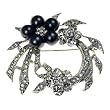 Black Bead and Silvertone Crystal Flower Brooch Pin