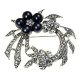 Black Bead and Silvertone Crystal Flower Brooch Pin