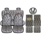 13pc Tan Cheetah High Back Seat Covers, Bench Cover with Head Rest Covers and Steering Wheel Cover with Shoulder Pads and 4pc Carpet Floor Mats