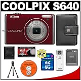 Nikon Coolpix S640 Digital Camera (Velour Red) + 16GB SD Card + Case + EN-EL12 + Accessory Kit