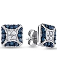 10K White Gold Round Brilliant Cut Blue and White Diamond - Square Princess Shape Milgrain Channel Set Studs Earrings with Secure Push Back Closure - (1/2 cttw.)