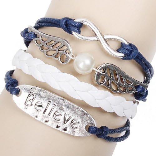 Hand-made Hand-woven Vintage Angel Wings Believe Design Retro Feeling Ladies Women Men Bracelets with Synthetic Hand-woven Leather Band