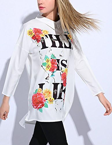 XIANKI Women Spring Chiffon Turn Down Collar Bold Floral Loose Blouse Shirt White US L-XXL(Free Size)