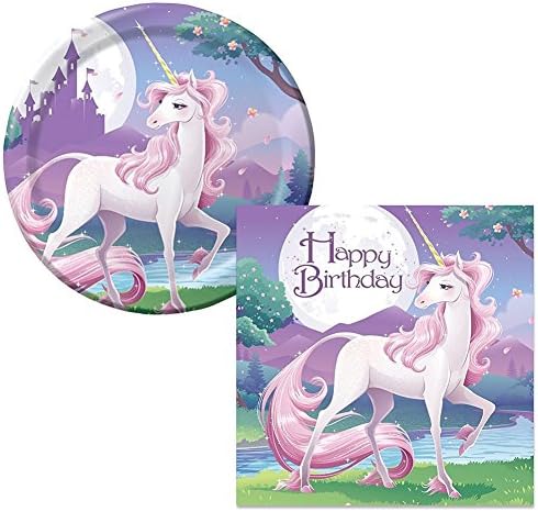 Unicorn Fantasy Happy Birthday Lunch Napkins &amp; Plates Party Kit for 16
