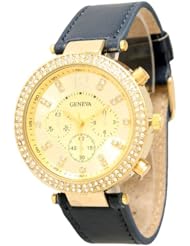 Geneva Genuine Leather Band Watch with Gold Rhinestone Rimmed Face - Navy!