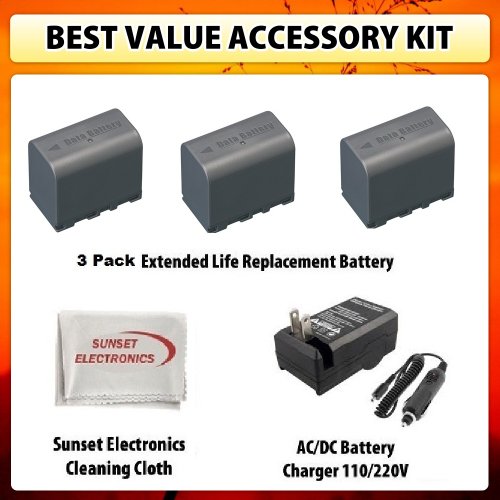 Best Price Best Value Accessory Kit 3 Pack Of Li-Ion Extended Life Replacement DATA Battery Pack for JVC BN-VF815 BN-VF815U BN-VF815USM 2600mAh Each, 7800mAh Total! For JVC MiniDV and Everio Camcorders GR-D720 D725 D726 D728 D740 D745 D746 D750 D760 D770 D771 D775 D790 D796 D850 D870 D875 DA30 GZ-MG630 MG670 MG680 MG730 HD300 HM200 HM400 X900 + 110/220V 1 Hour Home & Car Charger + SSE Cleaning Cloth