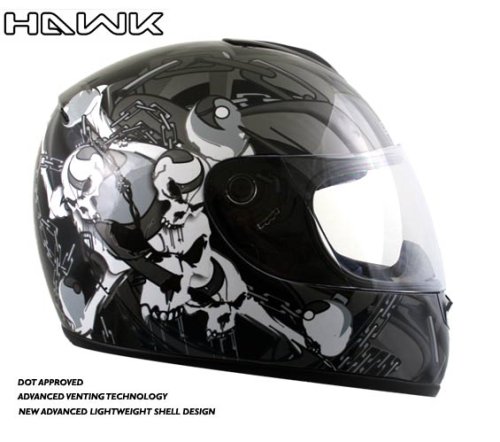 Advanced Hawk Chained Skull and Crossbones Gloss Black Full Face Motorcycle Helmet - Size : Large