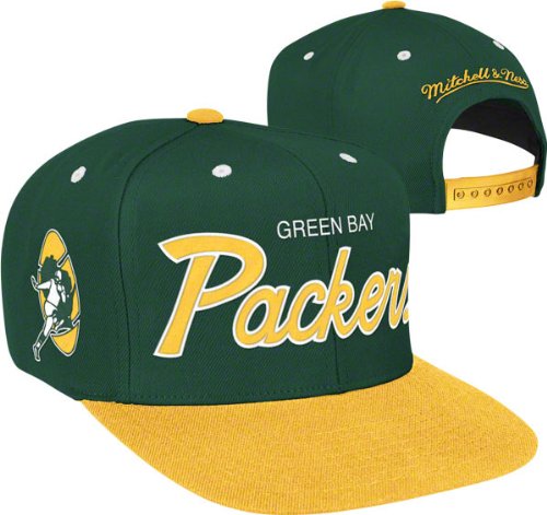 Mitchell & Ness Green Bay Packers 2 Tone Script Snapback Hat Adjustable