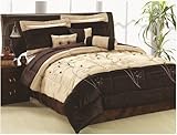 7 Piece Faux Silk 3d Embroidery Comforter Set Bedding-in-a-bag, Beige / Bro ....