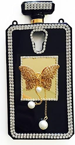 Stylish Crystal Diamond Rhinestones 3D Luxury Shining Butterfly Perfume Bottle Phone Case with Gold/Black Leather Chain (S4 Gold/Gold)