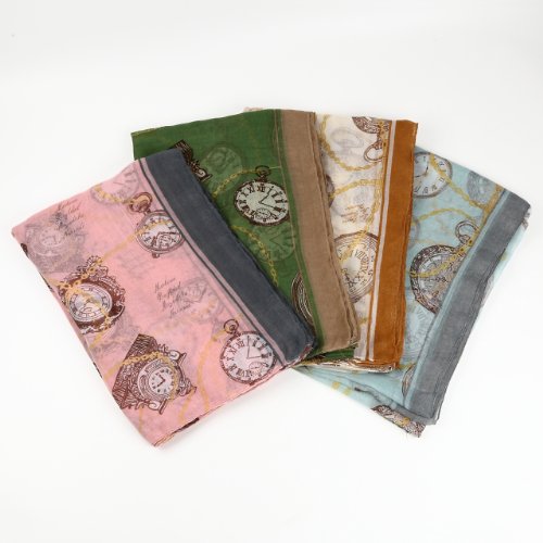 『潮風雑貨』 【大判スカーフ】 【シフォン生地】【オールシーズン用】・軽くてオシャレ　時計柄　（４色）