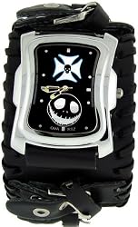 Cross Jack O'Lantern Rectangular Steel Case Independent Punk Gothic Skater Indie Rock Halloween Wide Black Leather Band with Button Clasp Wrist Watch