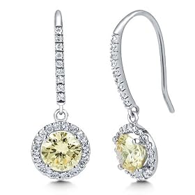 Sterling Silver Earrings Canary Round Cubic Zirconia CZ Dangle Earrings - Ideal Gift For Mother Day, Anniversary, Engagement, Wedding, Birthday, For Her
