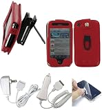 3n1 Combo Apple iPhone - Red Premium Leather Case with Removable Video Stand Rotating Belt Clip - Bundled with Screen Protector, 12v Rapid Premium Car Charger and Home Travel Wall AC Adapter Charger (Not Compatible with 1st Generation iPhone)