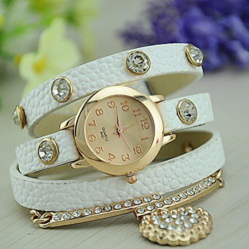 Aaronam Women's Vintage Square Dial Rhinestone Weave Wrap Leather Bracelet Wrist Watch White