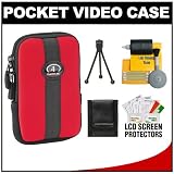 Tamrac 3814 Neoprene Neo's Pocket Video Camcorder/ Camera Case (Red) with Tripod + Cleaning Accessory Kit for Sony Bloggie MHS-PM5, TS10, TS20, FS1, FS2 and FS3 (3D)