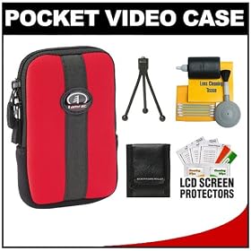 Tamrac 3814 Neoprene Neo's Pocket Video Camcorder/ Camera Case (Red) with Tripod + Cleaning Accessory Kit for Kodak Pocket Video Zi8, Zi6, Zx5, Zx3, Zx1, ZxD, PLAYTOUCH, PLAYSPORT, PLAYFULL, Mini HD and Mini