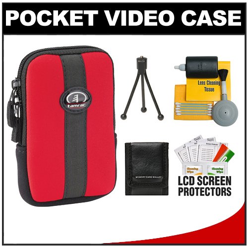 Tamrac 3814 Neoprene Neo's Pocket Video Camcorder/ Camera Case (Red) with Tripod + Cleaning Accessory Kit for Sony Bloggie MHS-PM5, TS10, TS20, FS1, FS2 and FS3 (3D)