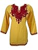 Womans Yellow Kurta Tunic Tops Cotton Red Hand Embroidered Boho Chic Blouse Small