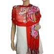 100% Chiffon Georgette Silk Hand Painted Blooming Peony Tassels Ends Long Scarf Shawl - Red