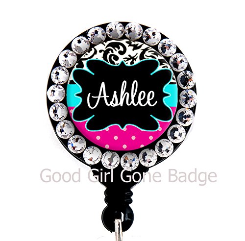 Retractable Badge Reel - Damask Black Blue and Pink with Swarovski Rhinestones - Personalized Name - Badge Holder