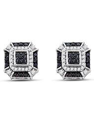 10K White Gold Round Brilliant Cut Black and White Diamond - Square Princess Shape Channel Set Studs Earrings - (.48 cttw.)