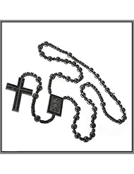 Black Tone Sterling Silver Black CZ Rosary Chain Necklace With Cross