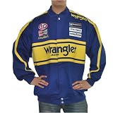 Mens Chase Authentics Nascar Wrangler Jeans blue and yellow #3 Dale Earnhardt Jr. racing jacket. Very high quality Nascar fan gear with head turning logo embroideries all over the the jacket.