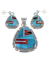 Silver Turquoise Multicolor Pendant Earring Jewelry Set RS53686