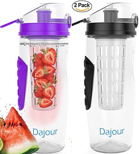 Fruit Infuser Water Bottle 32 Ounce NO BPA Sports Flavor Infusion Bottle - PLUS Recipe Ebook and Cleaning Brush INCLUDED (2 PACK - PURPLE&amp;BLACK)