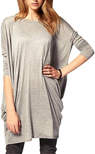 Bepei Women's Long Batwing Sleeve Round Neck Loose Fit Pleated Shirt Blouse Tee Top GREY L