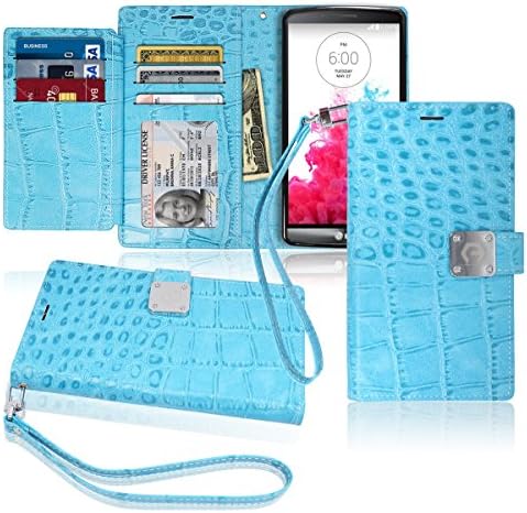 LG G3 Wallet Case, Matt [ 8 Pockets ] 7 ID / Credit Card 1 Cash Slot, Power Magnetic Clip With Wrist Strap For LGG3 Leather Cover Flip Diary (Sky Blue)